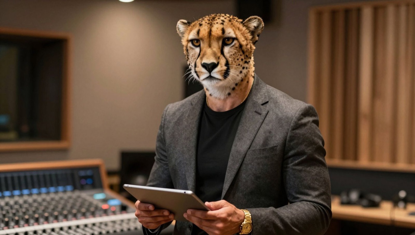 CARD's cheetah guide in a recording studio, holding a tablet