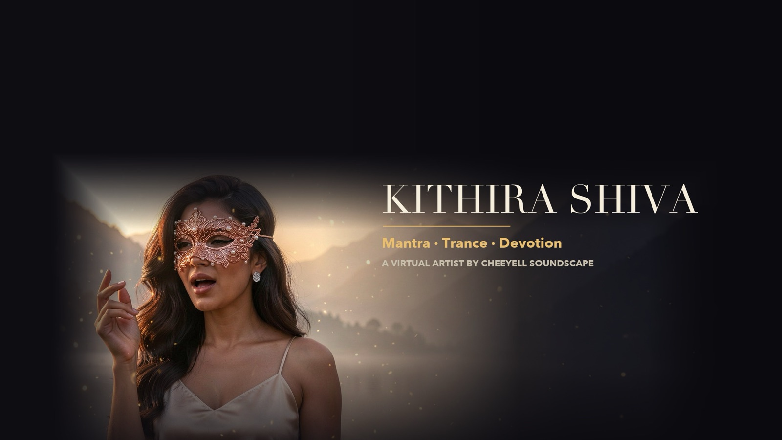 Kithira Shiva in a rose-gold pearl half-mask, singing beside a mountain lake at dusk