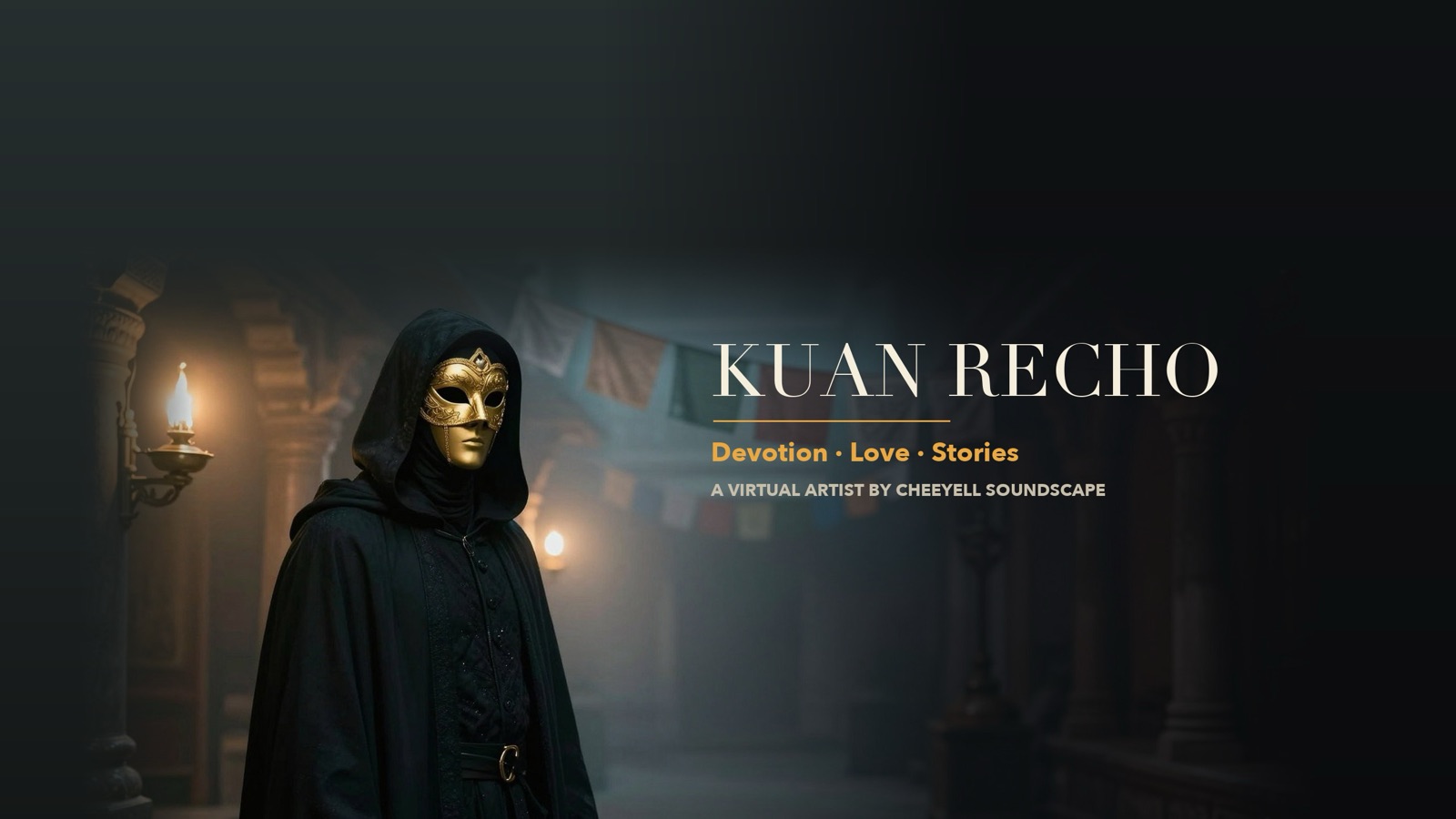 Kuan Recho, a hooded figure in a gold filigree mask, standing in a lamp-lit temple corridor